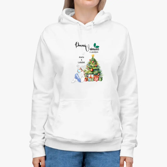 Bílá mikina první Vánoce maminka s miminkem u vánočního stromečku..